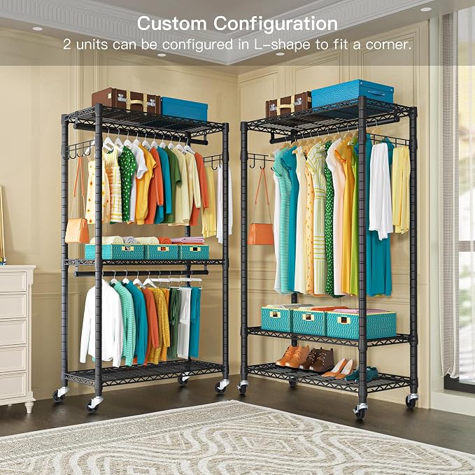 FUTASSI P1 Heavy Duty Garment Rack, 3 Tiers Adjustable Rolling Metal Closet - Image 4