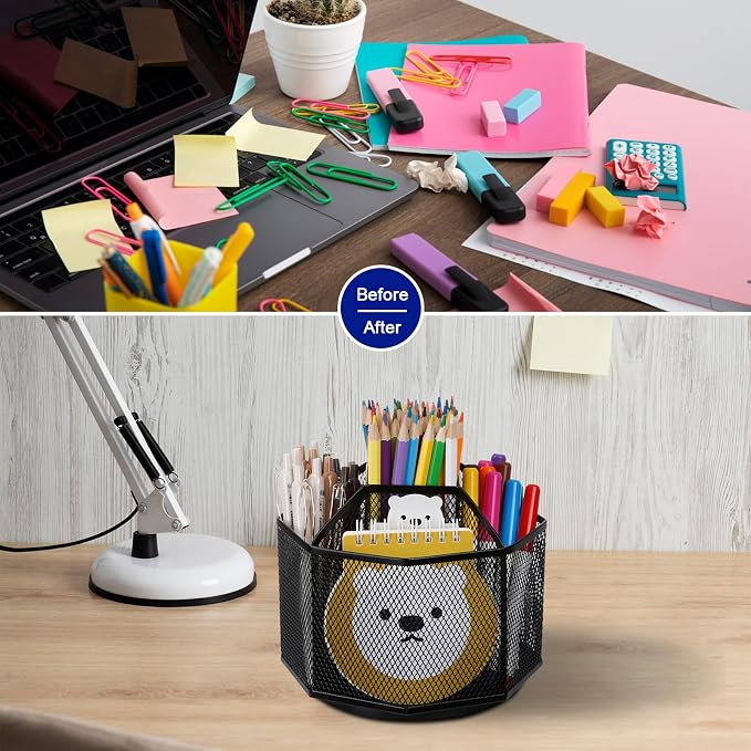 Comix 360° Rotating Pen Holder for Desk, 5 Compartments Office Desk Organizer - Image 5