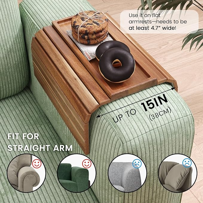 Sofa Arm Tray, Acacia Wood Folding Couch Arm Tray, Sofa Armrest Trays - Image 3