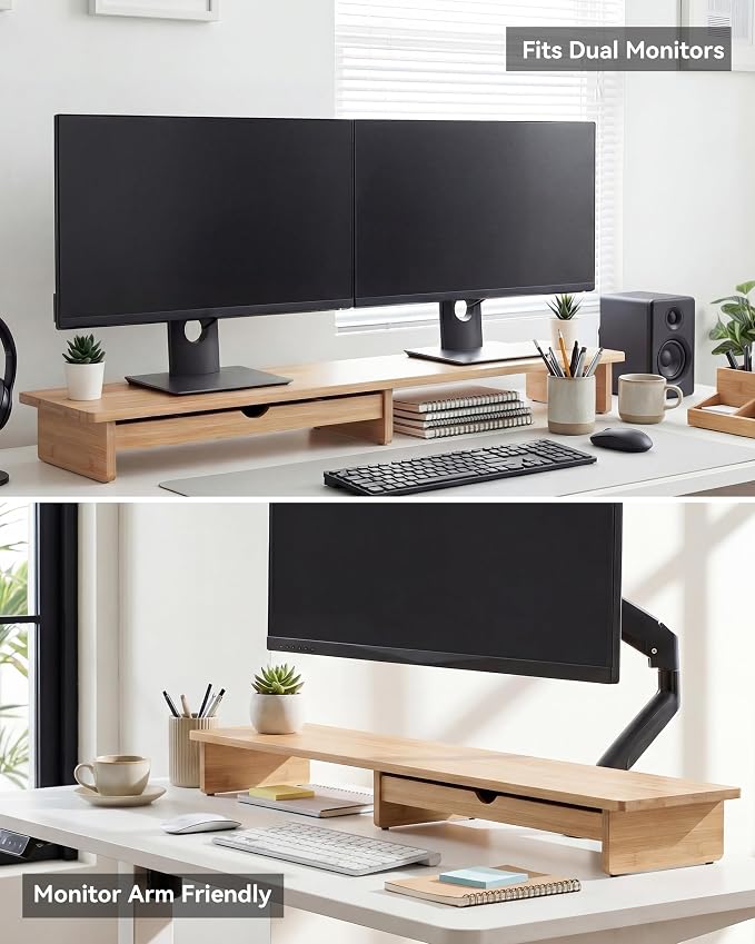 42” Monitor Stand with Large Drawer Keyboard Storage, Bamboo | Dual Computer - Image 7