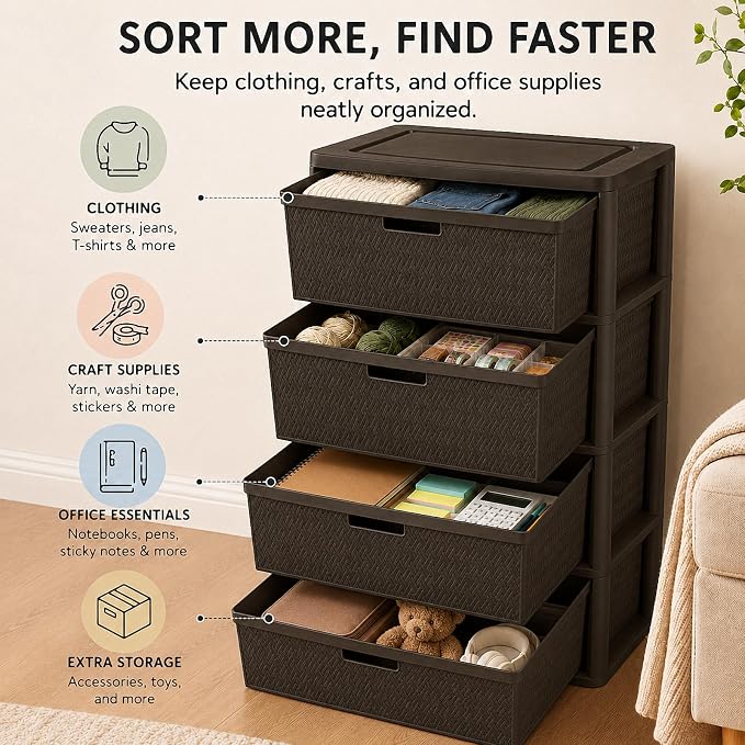 Wide 4-Drawer Plastic Storage Tower, Decorative Organizer Chest, BPA-free - Image 4
