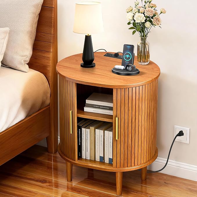 Nightstands Set of 2 & Charging Station, Fluted Accent Side Table - Image 4