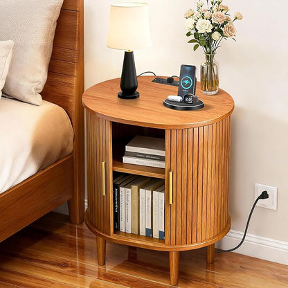 Nightstand with Charging Station, Fluted Accent Side Table with Sliding Door & - Image 3
