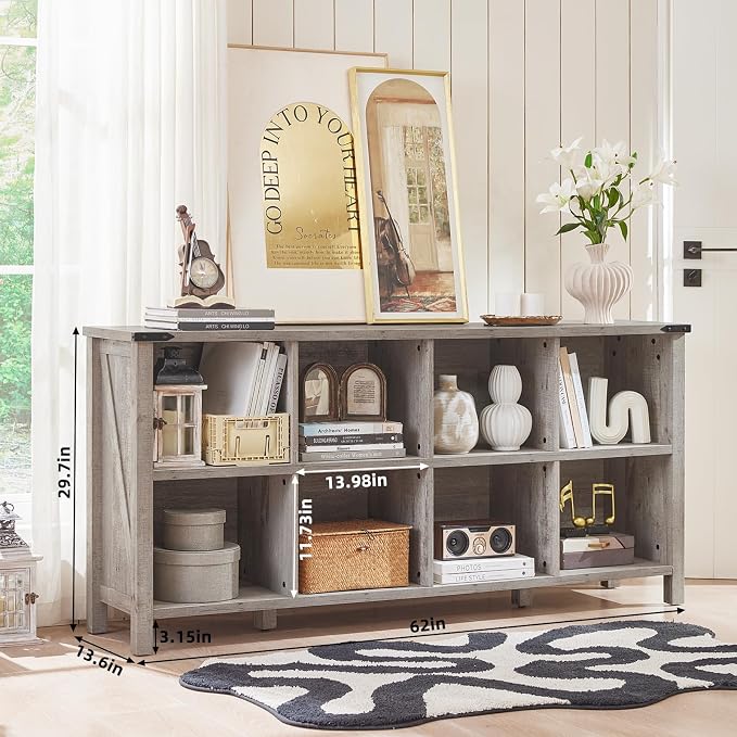 8 Cube Book Shelf, Farmhouse Wood Long Storage Organizer Bookcase, Hallway TV - Image 2