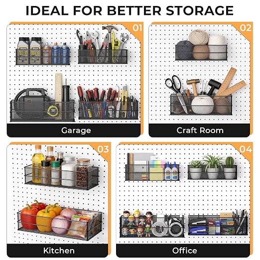 INCLY 4 Pack Upgrade Pegboard Baskets, 4 Sizes Square Metal Mesh Basket | Peg - Image 7