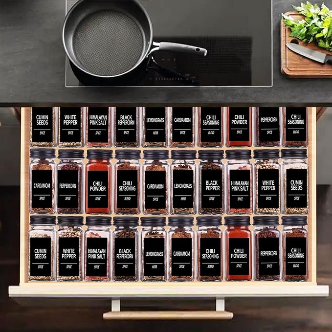 Churboro 66 Spice Jars with 547 Labels- Glass Spice Jars with Black Metal Caps - Image 4