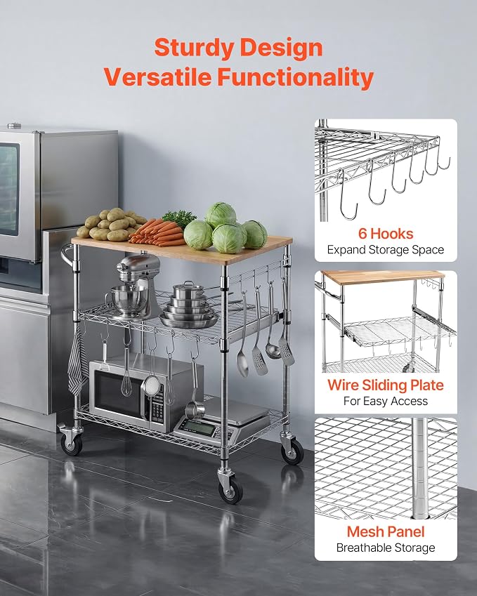 VEVOR Kitchen Utility Cart, 3 Tier Heavy Duty Adjustable Wire Storage Rack - Image 6