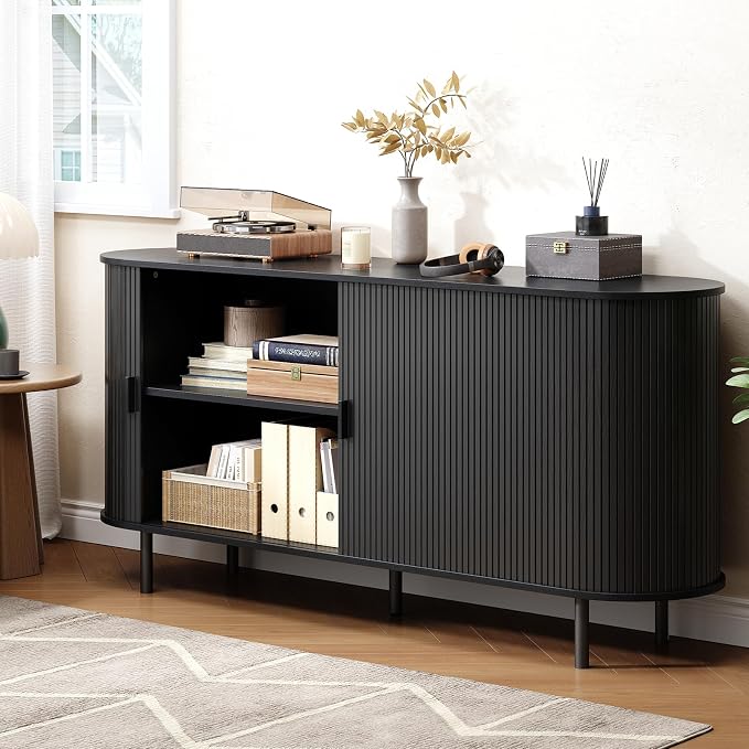 Buffet Cabinet with Storage, Fluted Sideboard Buffet with Sliding Door - Image 7