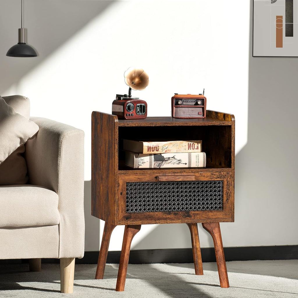 Lerliuo Rattan Nightstands Set of 2, Boho Side Table with Drawer Open Shelf, Cane Accent Bedside End Table with Solid Wood Legs for Bedroom, Dorm and Small Spaces (Brown)