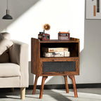 Lerliuo Rattan Nightstands Set of 2, Boho Side Table with Drawer Open Shelf, Cane Accent Bedside End Table with Solid Wood Legs for Bedroom, Dorm and Small Spaces (Brown)