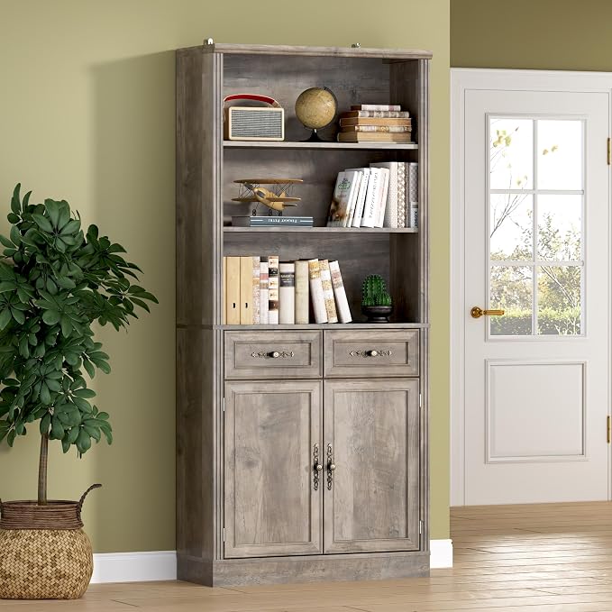 71.4" Tall Bookshelf with Drawers & Cabinet, 5-Tier Floor Standing Bookcase by BORNOON