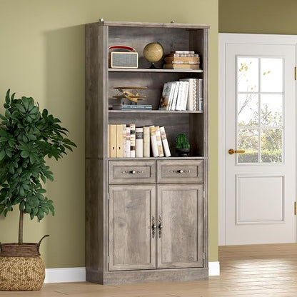 71.4" Tall Bookshelf with Drawers & Cabinet, 5-Tier Floor Standing Bookcase by BORNOON