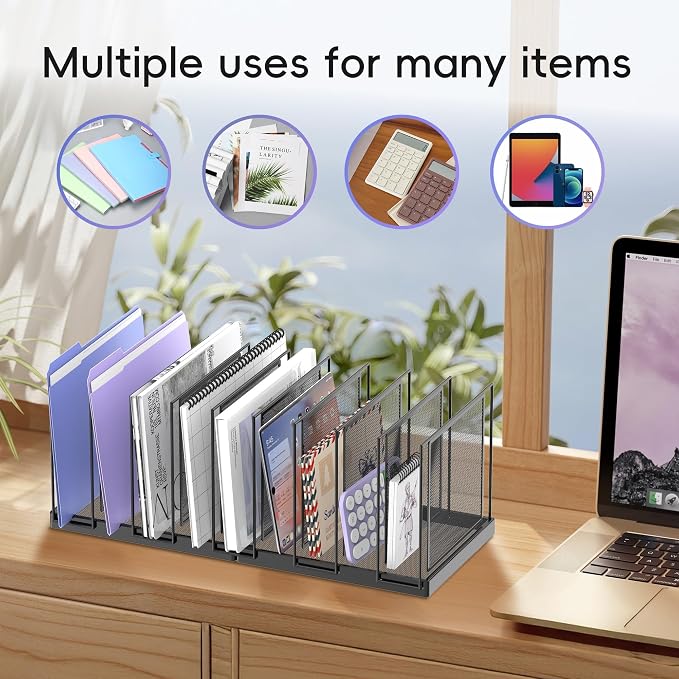 9-Section Desk File Organizer, Vertical File Holder, Mesh Desktop File Folder - Image 3
