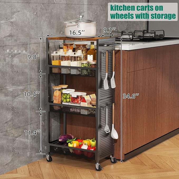 4-Tier Slim Storage Cart with Wheels, Small Mobile Organizer Shelf with Wooden - Image 2