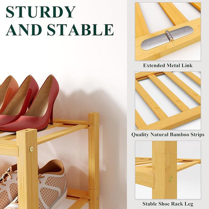 Smiry Bamboo Shoe Rack for Closet, 2 Tier Long Wooden Stackable Shoe Organizer - Image 3