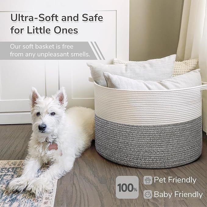 INDRESSME Large Storage Basket, 21.7'' x 13.8'' Cotton Rope Blanket Basket - Image 6