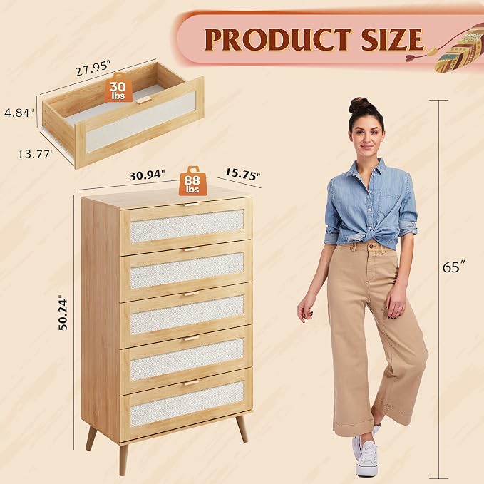 WLIVE Rattan Dresser for Bedroom, Boho Dresser Closet Storage Organizer for - Image 3