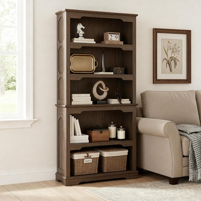 70 Inch Farmhouse Bookcase, Walnut Two-Tone Shelves, 5 Tier Bookshelf - Image 5