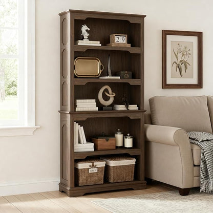 70 Inch Farmhouse Bookcase, Walnut Two-Tone Shelves, 5 Tier Bookshelf - Image 5