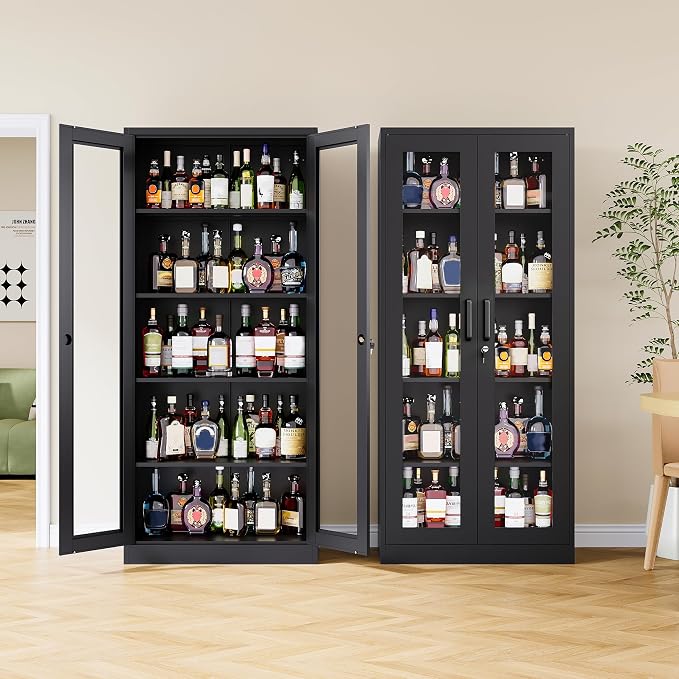 Metal Storage Cabinet with Lock and Glass Doors, Glass Display Cabinet - Image 2