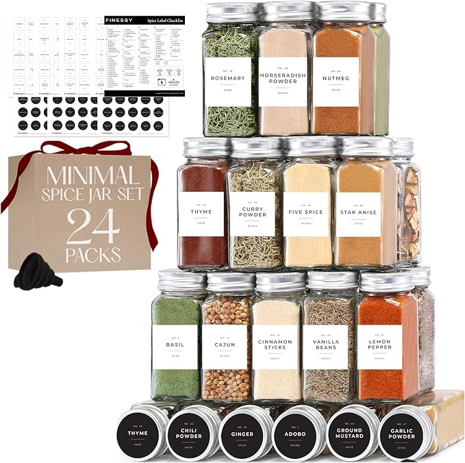 Glass Spice Jars with Labels with Metal Lids and Shakers Minimalist 24 Pack Set by Finessy