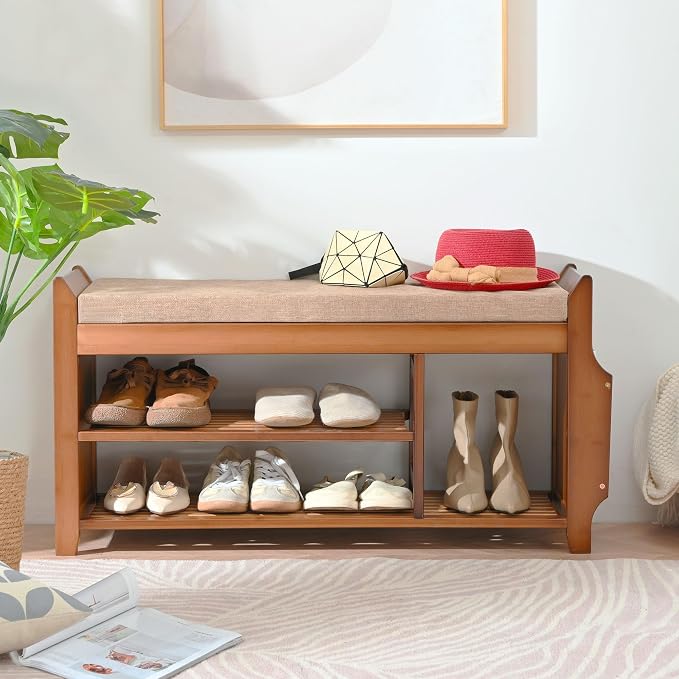 PETKABOO Shoe Bench with Hidden Drawer and Side Holder, 2 Tier Entryway Bench - Image 3