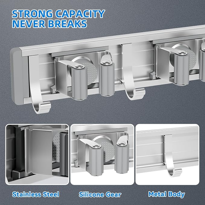 reliahom Broom Holder Wall Mount Mop Hanger Tools organizer 4Racks 5Hooks | - Image 2