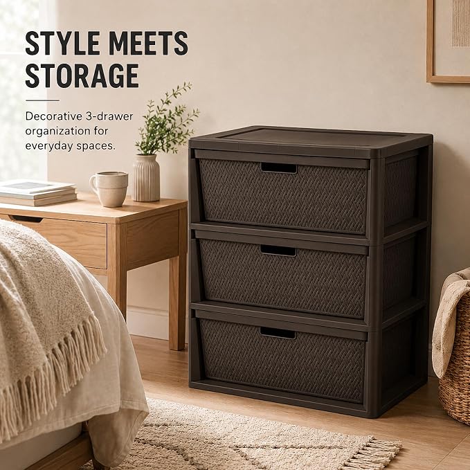 Wide 3-Drawer Plastic Storage Tower, Decorative Organizer Chest, BPA-free - Image 8