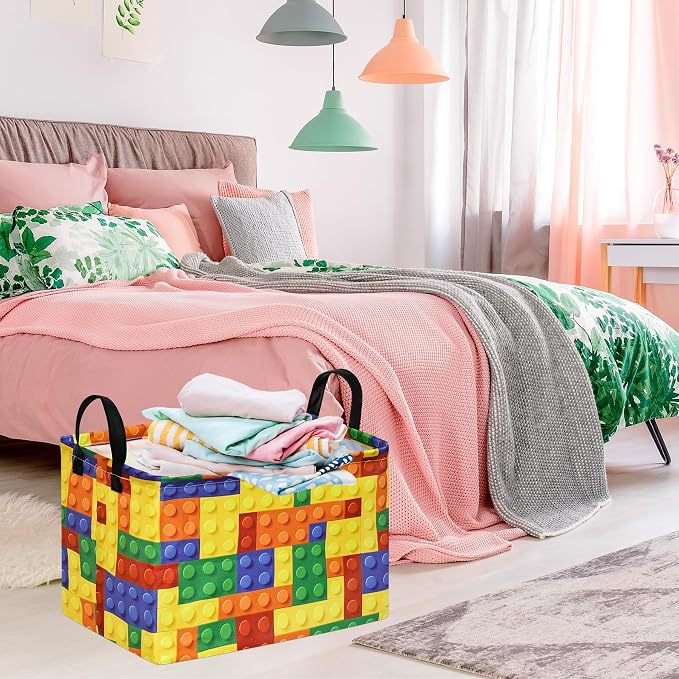 Colorful Building Blocks Print Storage Basket, Waterproof Lining Organizer Bins - Image 5