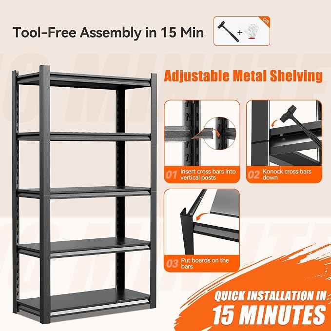 36" W Storage Shelves 2500LBS Garage Shelving Heavy Duty 5 Tier Adjustable - Image 7