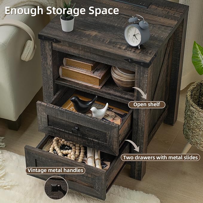 Nightstand with Charging Station and USB Port, Farmhouse Side End Table with 2 - Image 5