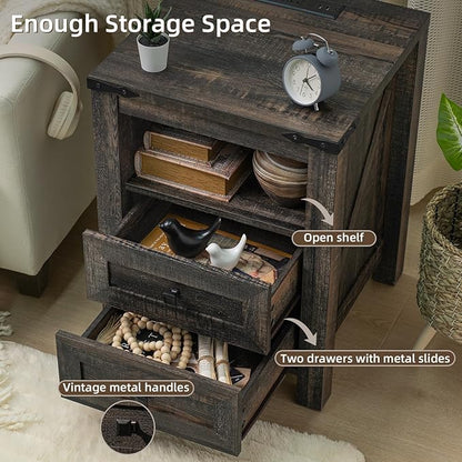 Nightstand with Charging Station and USB Port, Farmhouse Side End Table with 2 - Image 5