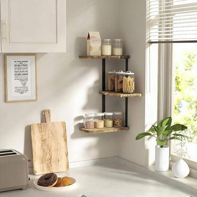 Love-KANKEI Corner Wall Shelf, Solid Wood, Carbonized Black | Easy to Install - Image 2