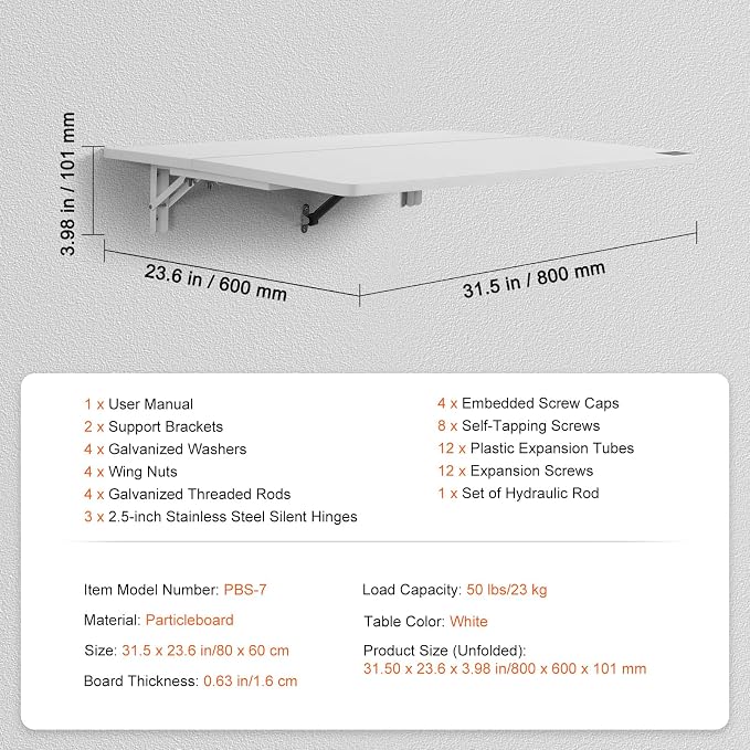 VEVOR Wall Mounted Folding Table, 31.5" x 23.6" Wall Mount Drop Leaf Table - Image 7