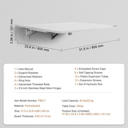 VEVOR Wall Mounted Folding Table, 31.5" x 23.6" Wall Mount Drop Leaf Table - Image 7