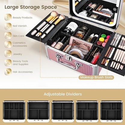 Makeup Case with Magnetic Lighted Mirror Makeup Organizer Box Travel Cosmetic - Image 6