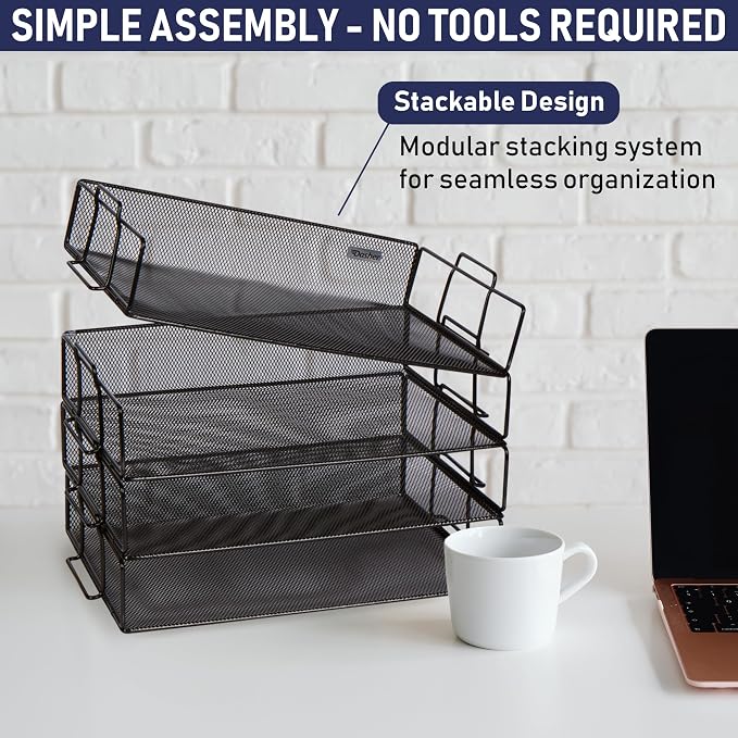 Stackable Paper Tray Desk Organizer, 4-Tier Metal Mesh Letter Organizers - Image 6