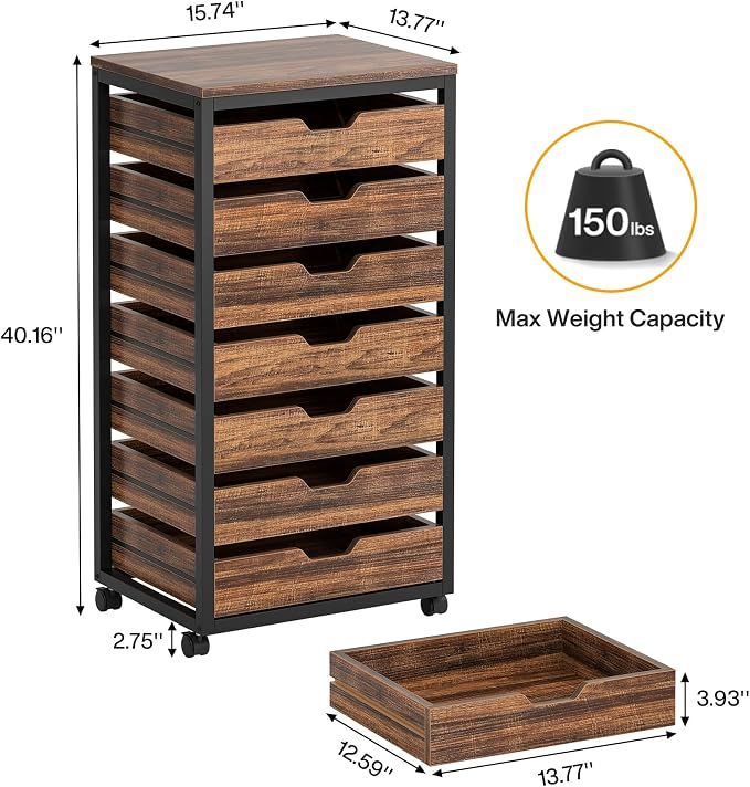 Tribesigns 7-Drawer File Cabinet, Wood Mobile Storage Drawer, Rustic Brown | - Image 2