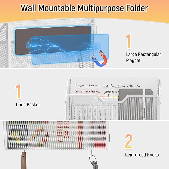 Docnest 3 Pack Dual-Mount Magnetic Mesh File Holders, Wall Organizer | Mount - Image 4
