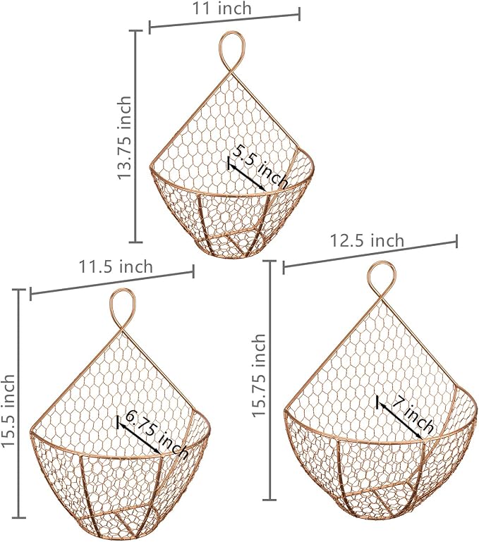 MyGift Set of 3, Farmhouse Copper Metal Wire Mesh Wall Hanging Baskets - Image 4
