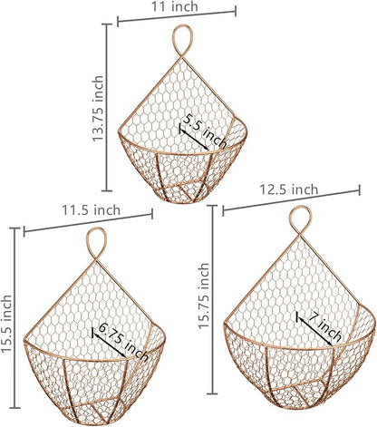 MyGift Set of 3, Farmhouse Copper Metal Wire Mesh Wall Hanging Baskets - Image 4
