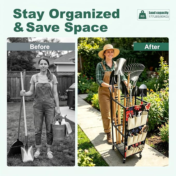 Garden Tool Organizer with Wheels 3 Tier Yard Tool Organizer Rack with Side - Image 6