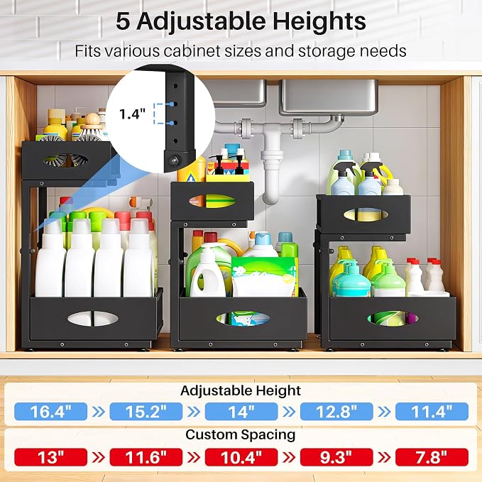 Under Sink Organizer, 2 Pack 2 Tier Pull Out Under Cabinet Organizer Shelf - Image 6