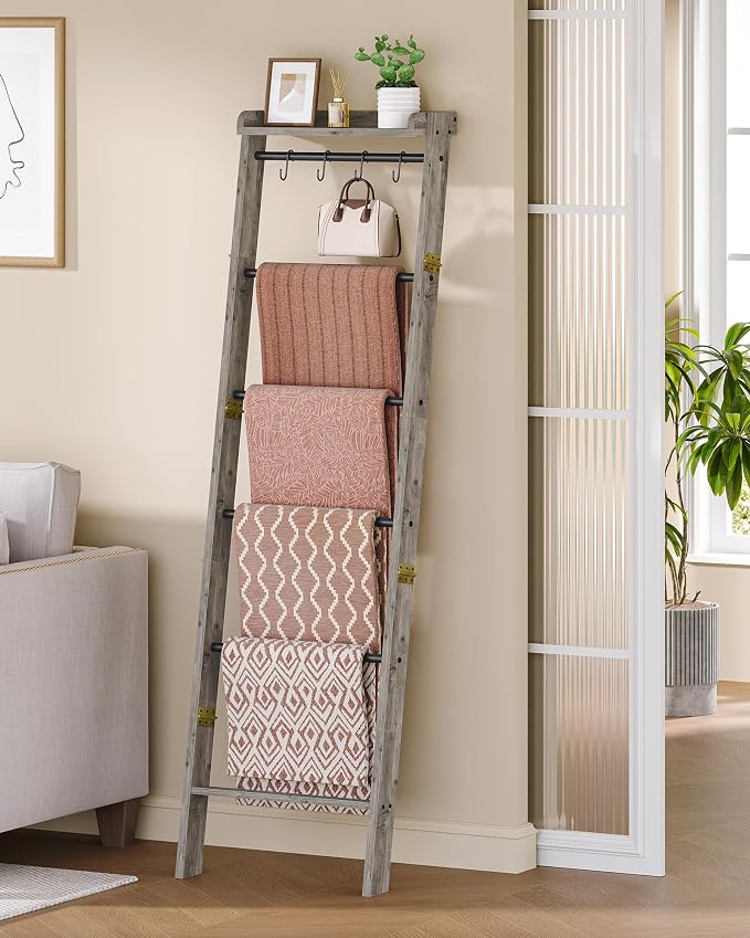 Blanket Ladder Shelf, Decorative Quilt Rack, 7-Tier Farmhouse Ladder Holder - Image 3