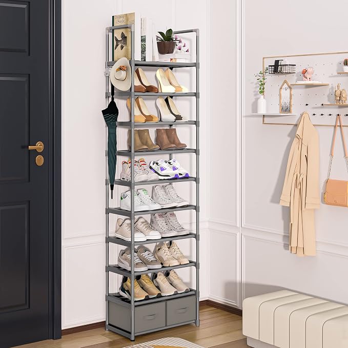 Shoe Rack Sturdy Metal 10 Tier Shoes Rack Organizer + 2Boxes 1Hook | Narrow - Image 2
