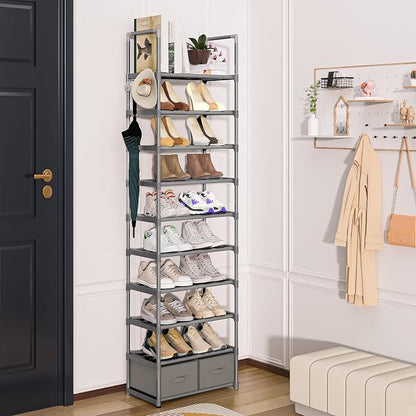 Shoe Rack Sturdy Metal 10 Tier Shoes Rack Organizer + 2Boxes 1Hook | Narrow - Image 2