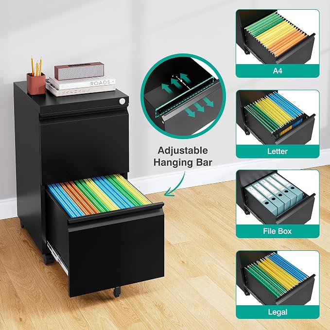 SISESOL 2 Drawer File Cabinet on Wheels, Metal Filing Cabinet - Image 5