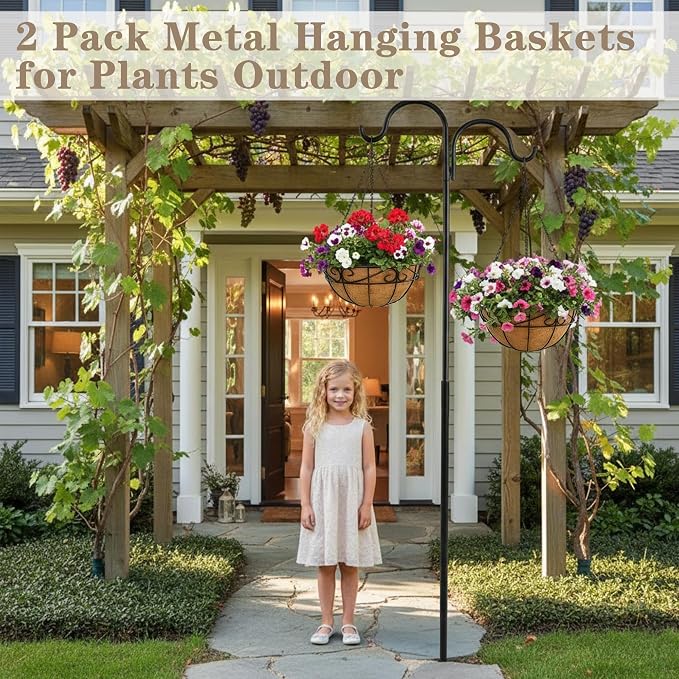 EIMQUVW 2 Pack Outdoor Patio Hanging Baskets 12 Inch Chain Link Round Metal - Image 7