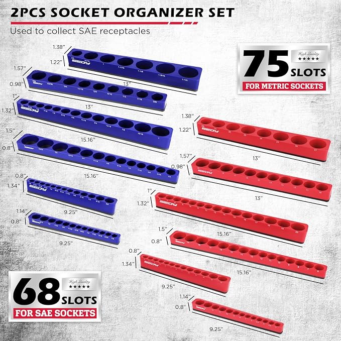 12-Piece 1/4" 3/8" 1/2"-Drive SAE & Metric Magnetic Socket Organizer Set - Image 2