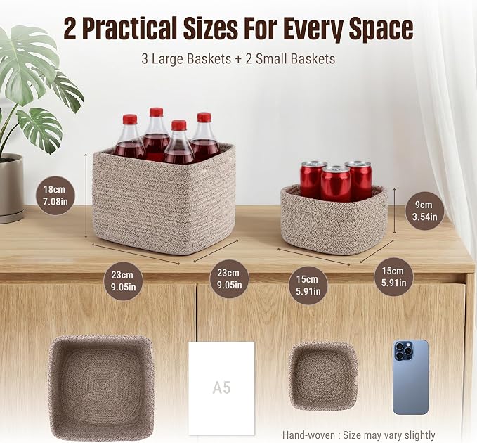 5-Pack Storage Cubes Woven Rope Baskets, 2 Sizes Organizer Bins | Ideal - Image 2